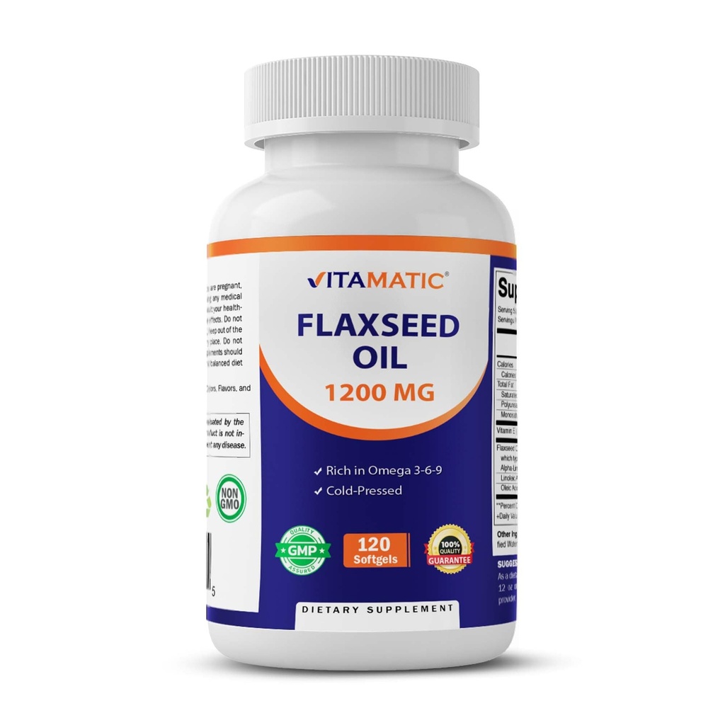 Aceite de Flaxseed Vitamatic 1200 mg – 120 Softgels Aceite de Flaxseed presidido con 675 mg ALA Omega-3 – Apoya la salud cardíaca " Wellness general