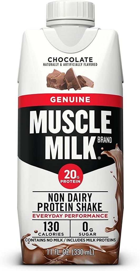 Muscle Milk Genuine Protein Shake, Chocolate, 11 Fl Oz Carton, 12 Pack, 25g Proteína, Zero Sugar, Calcio, Vitaminas A, C & D, 5g Fiber, Energizing Snack, Workout Recovery, Packaging May Vary