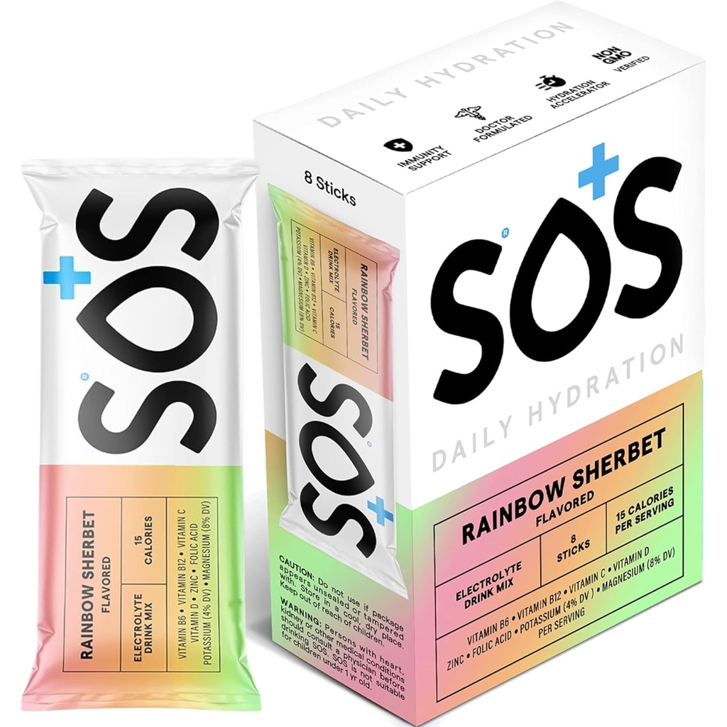 SOS Hydration Electrolyte Powder Stick Packs ← Bajo Azúcar Silencio Rehidratación Rápido Hecho en EE.UU.