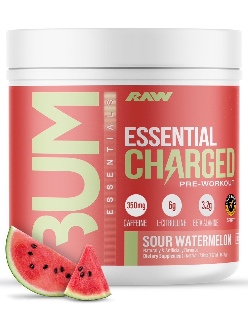 RAW Pre-Workout Powder, Essential CHARGED (Sour Watermelon) - Preworkout Supplement for Men & Women - Supports Focus, Mood & Performance - Caffeine, Alpha-GPC, L-Citrulline, Beta Alanine (25 Servings)