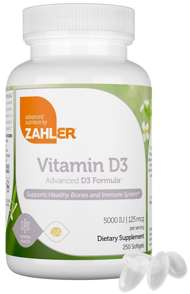 Zahler - Advanced Vitamin D3 5000 IU Softgels (250 Conde) Kosher Vegetarian Friendly Vitamin D for Immune Support, Bone, Teeth &amp; Muscle Health - Daily D3 Vitamin Supplement for Adults - Easy Swallow V
