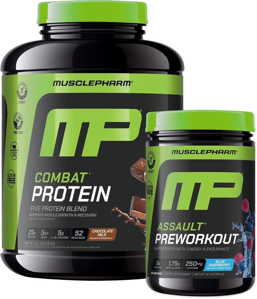 Muscle Pharm Combat 4lb Chocolate Proteína y MusclePharm Asalto Blue Raspberry Pre-Workout