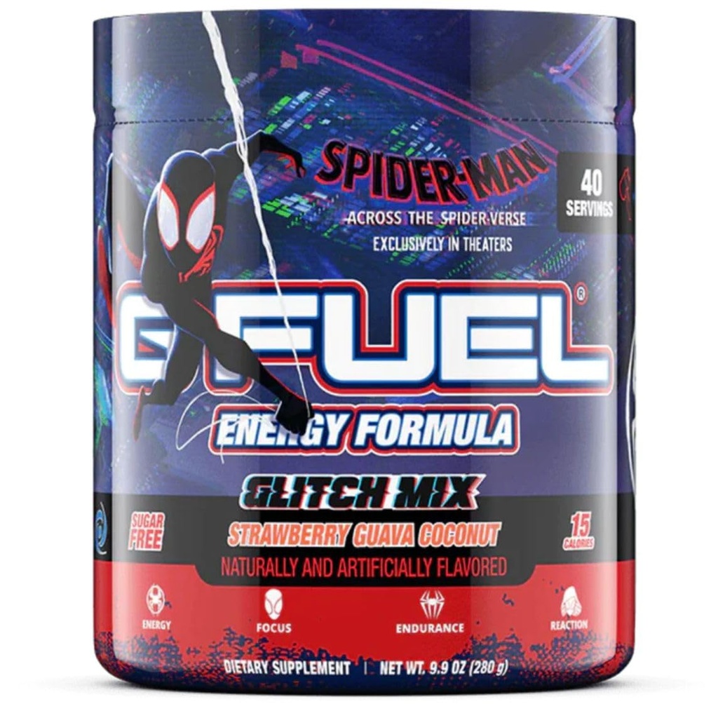 G Combustible en todo el polvo de la bebida energética Spider-Verse, Pre Workout Caffeine Mix for Gaming, Focus Amino, Vitamina + Antioxidantes, 9.9oz (Strawberry Guava Coconut, 40 Servings)