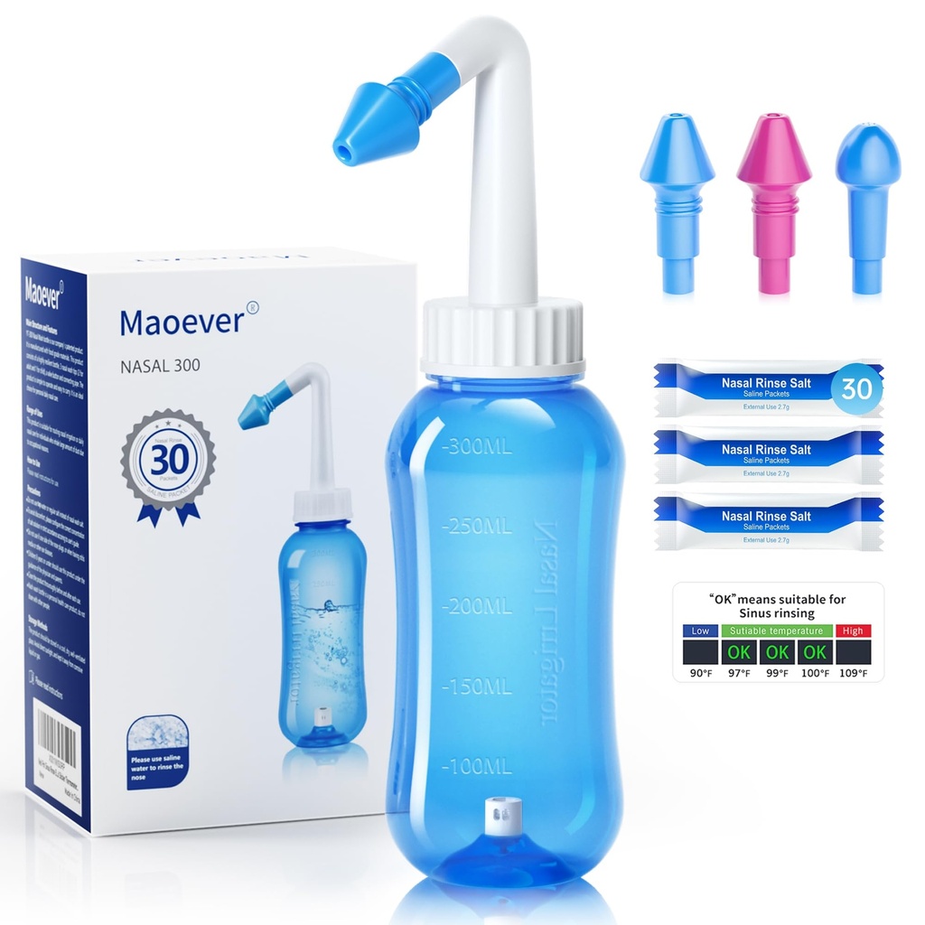 MAOEVER Neti Pot Sinus Rinse Botella limpiadora Presión Rinse riego nasal para adultos " Kid BPA Gratis 300 ML con 30 paquetes de sal de lavado de Nasal y termómetro de la pegatina