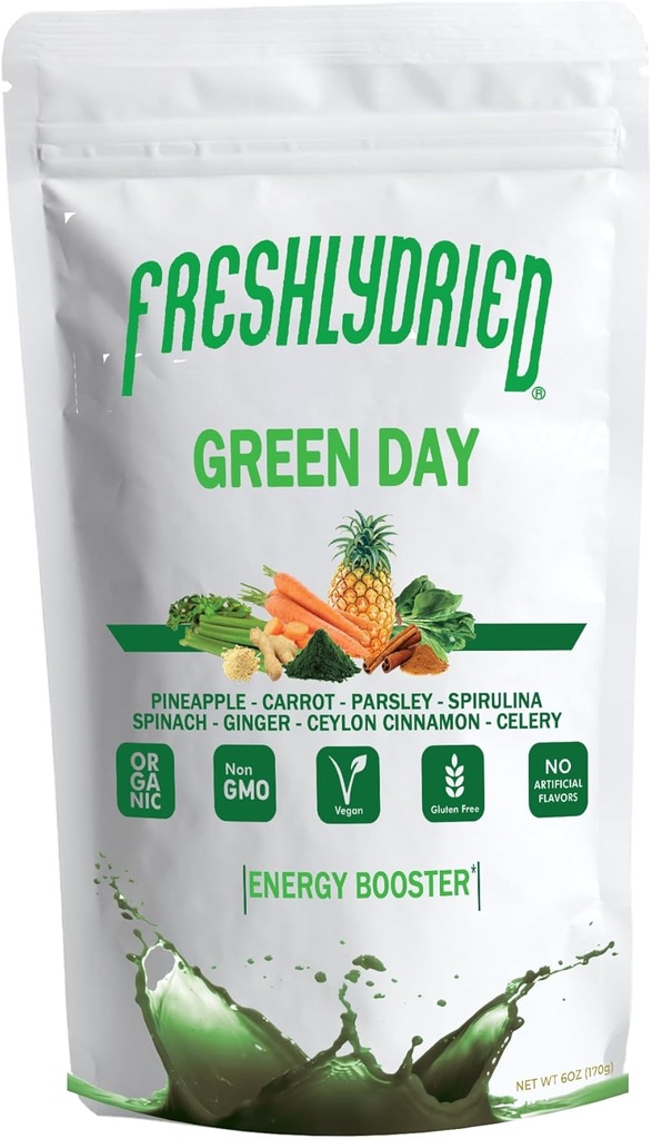 Green Day Powder- Supports Boosting Your Energy from The Start of The Day - Ceylon Cinnamon, Ginger, Pineapple, Carrot, Parsley, Celery, Spirulina - Vegan Friendly - 17 Servings -6 onzas
