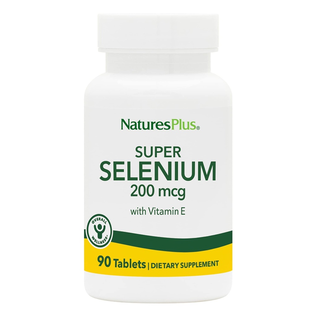 NaturesPlus Super Complejo de Selenio - 200 mcg, 90 Tabletas Vegetarianas - Suplemento Mineral Esencial con Vitamina E - Promueve Tiroides Saludable - Antioxidante - Sin gluten - 90 Servimientos