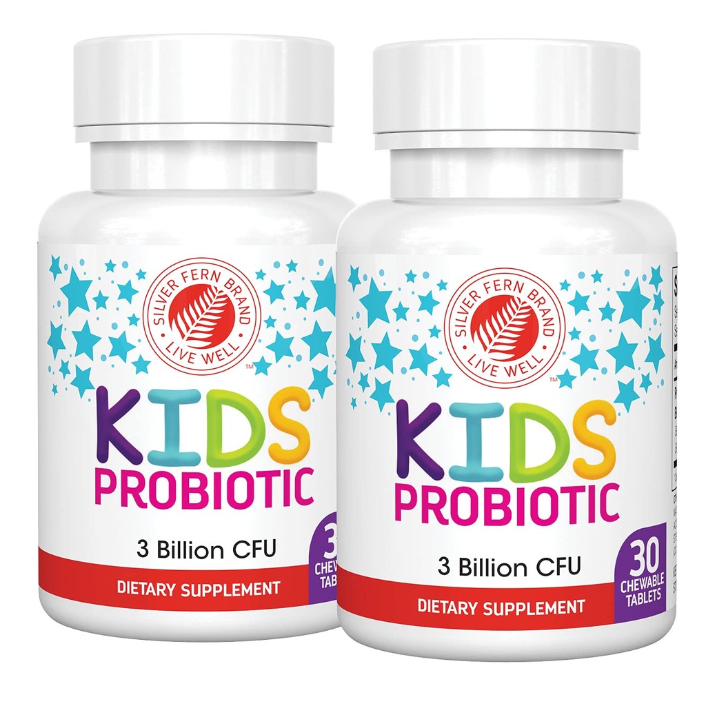Silver Fern Brand Kids Ultimate Probiotic - 2 Bottles - 30 Chewable Tablets Cada - Sugar & Gluten Gratis - Suplemento dietético para niños - DNA & Survivability Verified - Digestive &amp; Immune Support