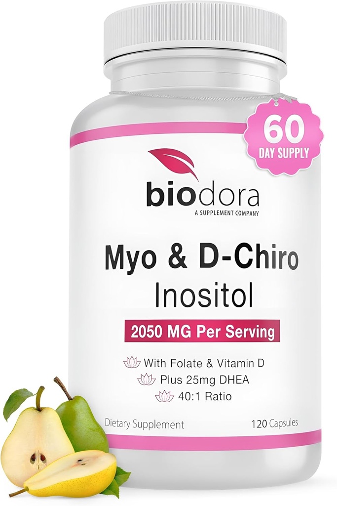 Myo adulto D-Chiro Inositol Suplemento, con Folate y Vitamina D, 40 a 1 Ratio, Incluye DHEA, Ayuda en Equilibrio de Hormonas, Función Ovárica, 2050 mg por Serving, 120 cápsulas