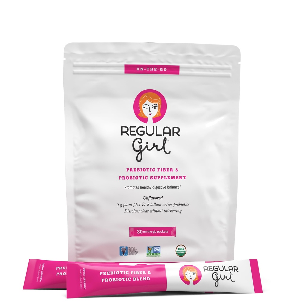Chica Orgánica de Polvo Orgánica, Suplemento de Fibra Prebiótica y Probióticos para Mujeres, Bajo FODMAP, 30 Paquetes On-The-Go, Desarrollados, 30 Paquetes de Servición