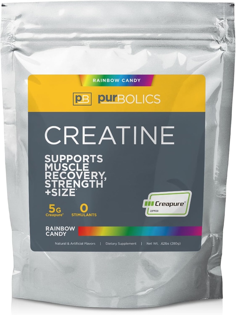 Crepure Monohidrato de Creatina, Cretina Micronizada 5g, Rendimiento y recuperación de entrenamiento Elevado, Construir fuerza, Mejorar bombas (50 Servings, Arco Iris Candy)