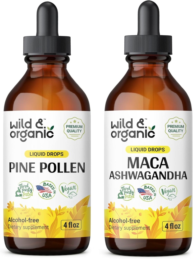 Wild & Organic Pine Pollen Tincture 4 fl oz & Maca Ashwagandha Tintura 4 fl oz