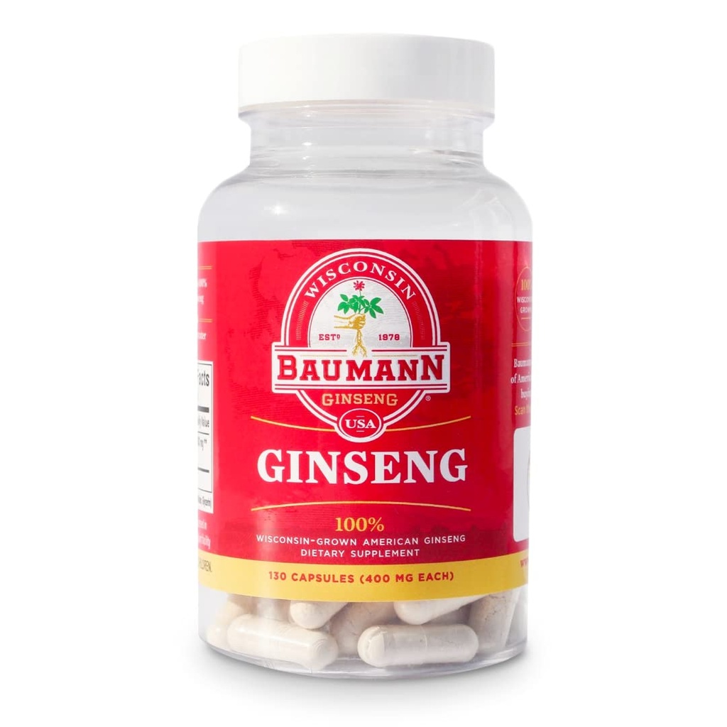 Baumann Wisconsin Ginseng Capsules 130 Pills 400 mg – Pure American Ginseng Root Extract Powder en cada píldora - 100% Natural Panax Ginseng Suplemento para Immune Support, Focus and Energy