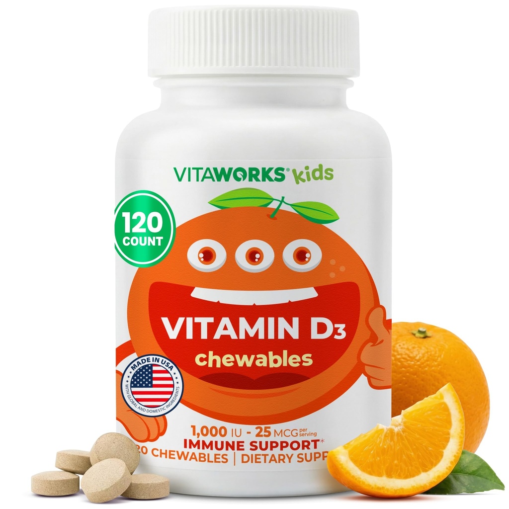 Niños Vitamina D 1000 IU Tablas cultivables - Tasty Natural Orange Flavor - Vegan, GMO-libre, sin gluten, vitaminas libres de nuez - Suplemento dietético para el soporte de inmuno - para niños - 120 Chewables