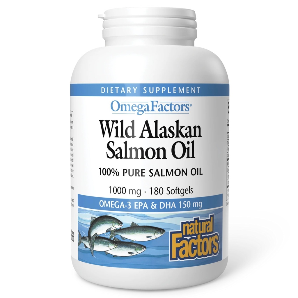 Factores naturales Aceite Salvaje de Salmón de Alaska proporciona Omega-3, EPA, DHA &amp; Vitamina D, apoya la salud cerebral y cardíaca, 180 Softgels
