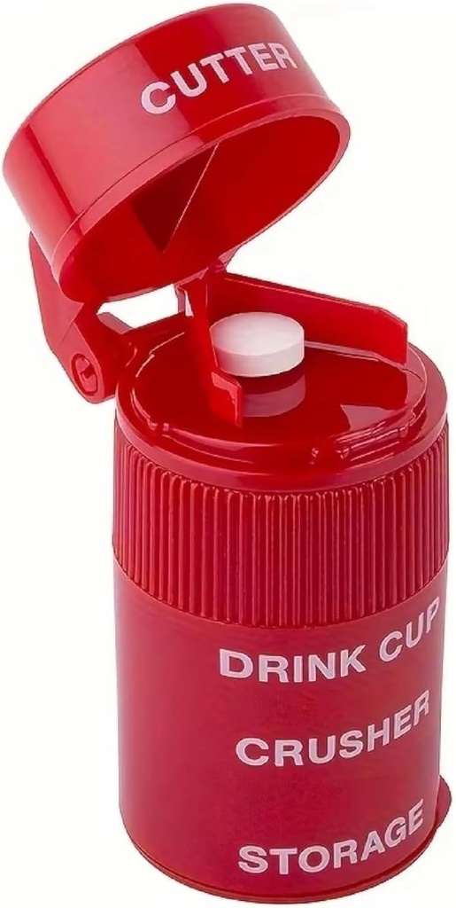 EZY DOSE 3 Compartimiento Pill Crusher, Cutter y Grinder, Uso diario, píldoras cortadas con seguridad, vitaminas, tabletas, corte preciso y fácil, hoja de acero inoxidable, taza de beber extraíble, rojo, BPA Gratis