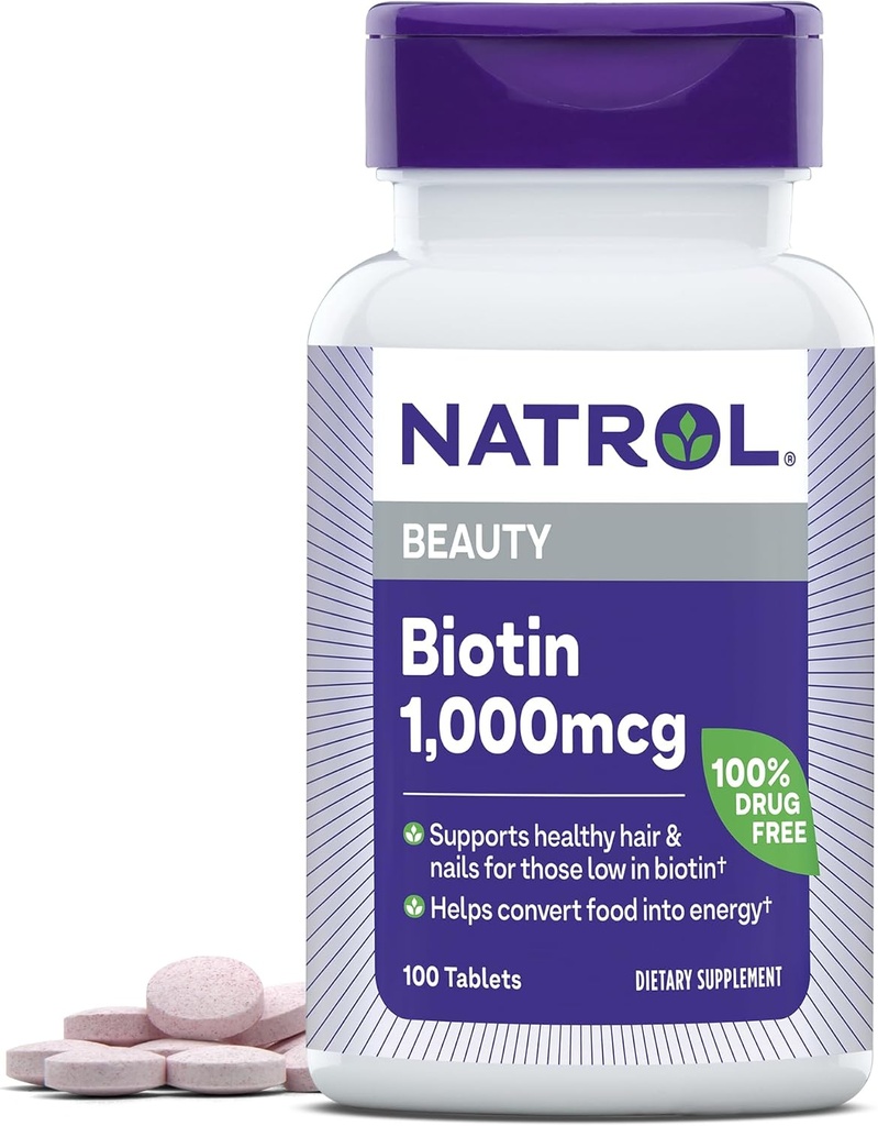 Natrol Beauty Biotin 1000mcg, Suplemento dietético para el cabello saludable, la piel, las uñas y el metabolismo energético, 100 Tabletas, 100 Day Supply (Pack of 12)