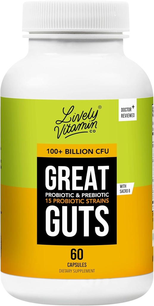 VITAMIN CO. Grandes Guts Probiótico - 100 millones CFU Probiótico - Balance Gut Microbiome, GI Tract, Inflamación, Indigestión, Reflux, Upset Stomach, " Diarrea - 60 cápsulas