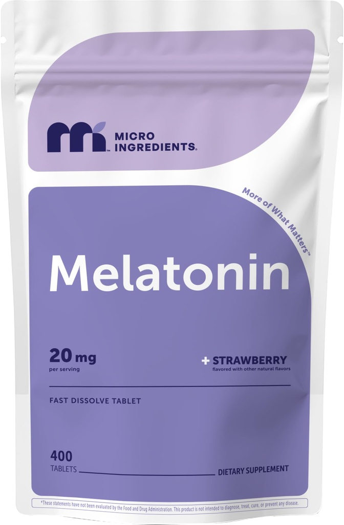 Micro Ingredientes Melatonin 20mg, 400 Tablets ← Strawberry Flavor ← Fast Dissolve ← 100% Drug Free ← Vegetarian Friendly ← Non-GMO, No Gluten, Sugar Free