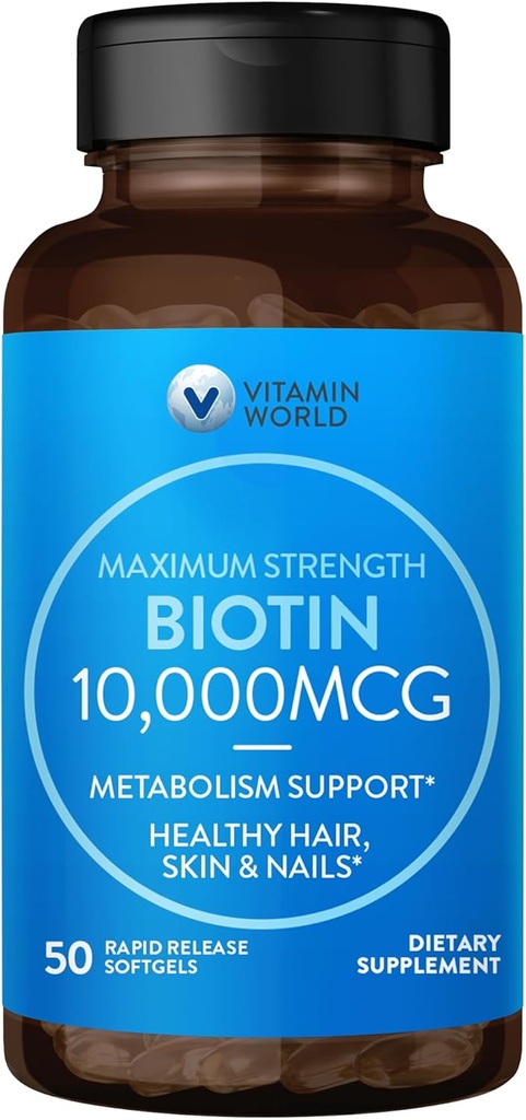 Vitamina Mundial Ultra Mega Biotina 10,000 mcg. 50 Softgels, Vitamina B, soporta el cabello saludable, la piel y las uñas, liberación rápida, sin gluten