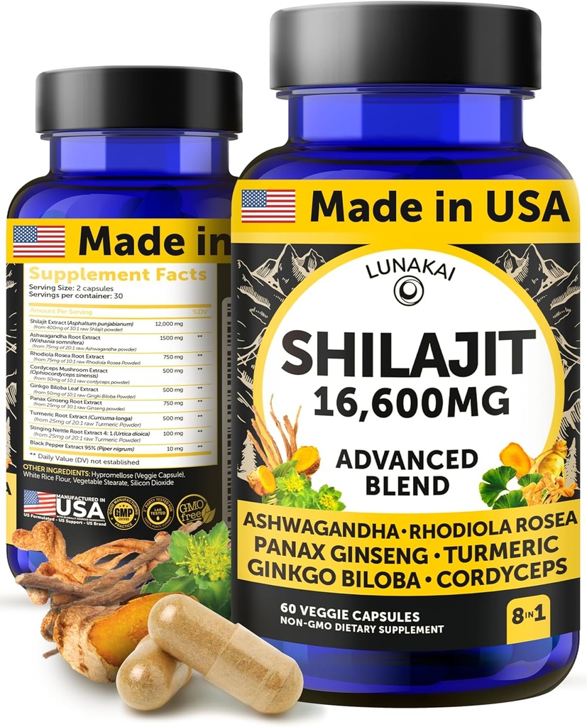 Lunakai USA Pure Shilajit Capsules con Ashwagandha, Rhodiola & Cordyceps - Extra Strength Shilajit Extract for Men ' Women, 60ct