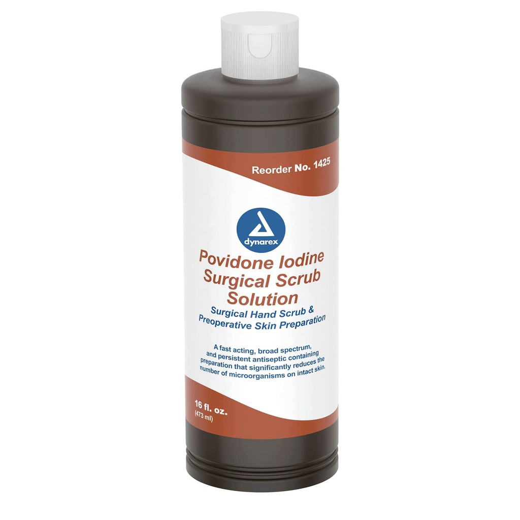 Dynarex Povidone-Iodine Scrub Solución, Solución Antiséptica para la piel y la mucosa, Ideal para la preparación del sitio quirúrgico, Contiene Iodo Povidone 7.5%, 16 fl. oz., 1 Botella