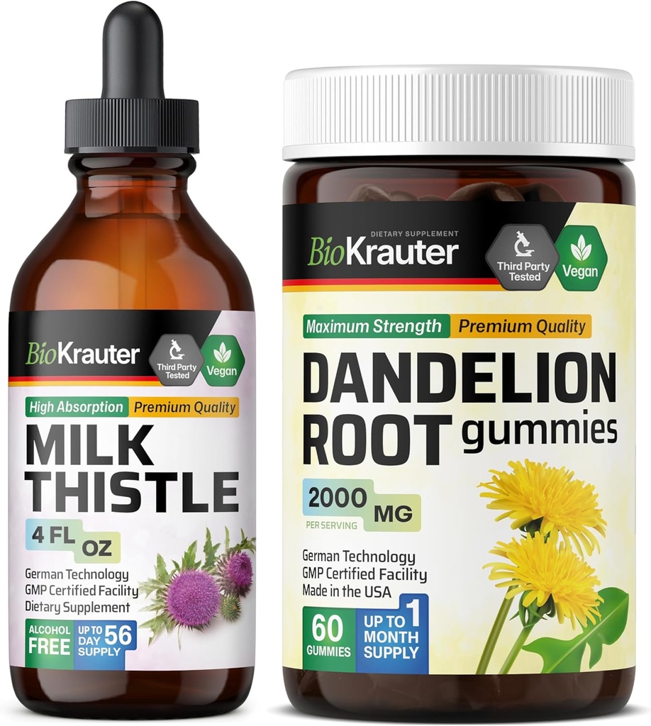 BIO KRAUTER Milk Thistle Tincture 4 Fl. Oz. & Dandelion 60 Gummies