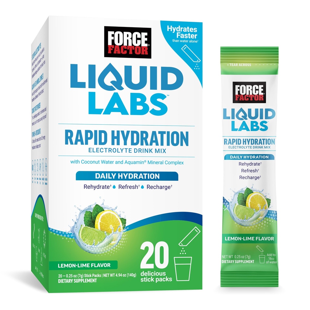 FORCE FACTOR Líquidos Laboratorios Electrolitos Empaquetaduras de Polvo – Limo Límón – Paquetes de hidratación para hacer agua de electrolito con 5 electrolitos esenciales, vitaminas, minerales y antioxidantes, 20 paquetes de palo