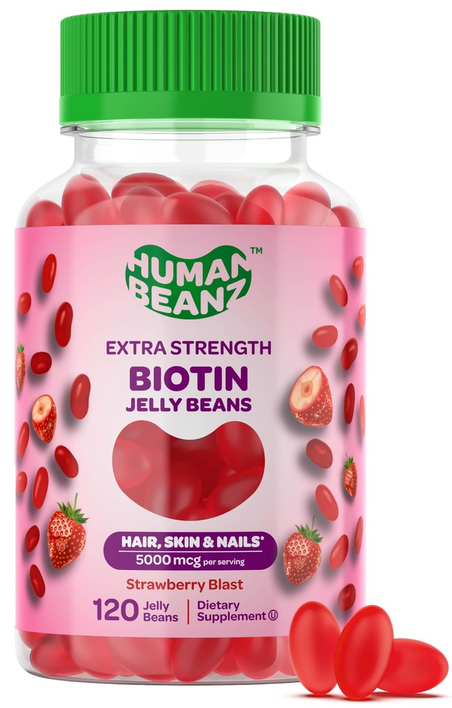 Biotina Jelly Bean Gummy Vitaminas, Extra Strength Biotin for Hair, Skin and Nails, 5000mcg por Serving, Hair Growth Vitamins for Men and Women, 120 Strawberry Blast Jelly Beans, Kosher