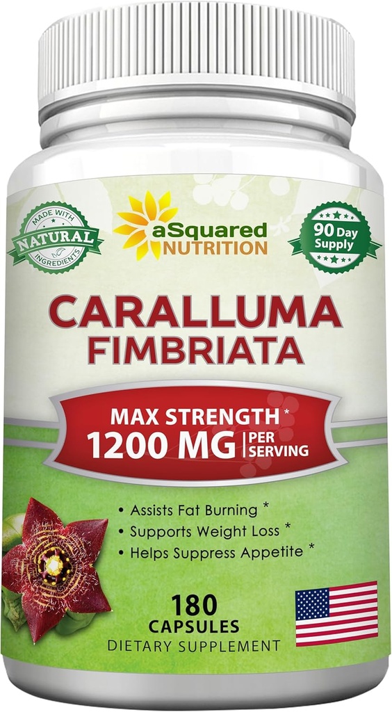 aSquared Nutrition Caralluma Fimbriata 1200mg - 180 Capsules, Natural Extract Weight Loss Diet Pill Supplements, Plant Root Appetite Suppressant & Pura Energy Booster, Max Strength Slim Lean Fat Burn