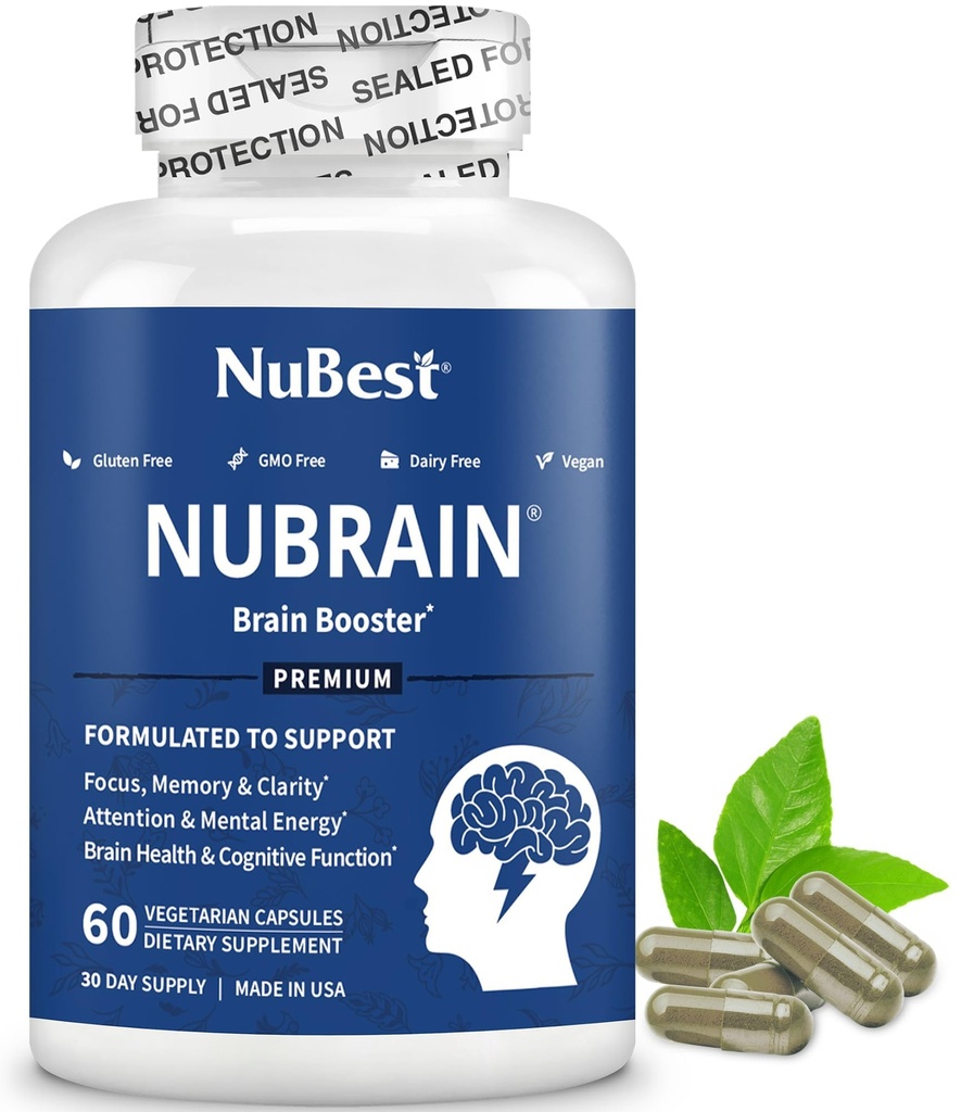 NuBrain Booster - Suplemento Cerebro para Booster, Memoria, Enfoque " Clarity Support with St. John’s Wort, Ginkgo Biloba, Bacopa " Más - 60 Vegan Capsules ← 1 Mes de Suministro