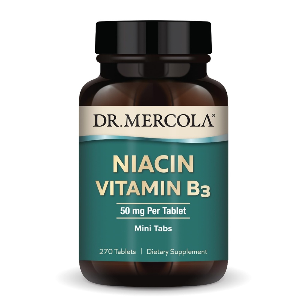 Dr. Mercola Niacin Vitamina B3, 90 Serviciones (270 Tabletas), Suplemento dietético, Mini Tabs, Vitamina B Esencial, No GMO