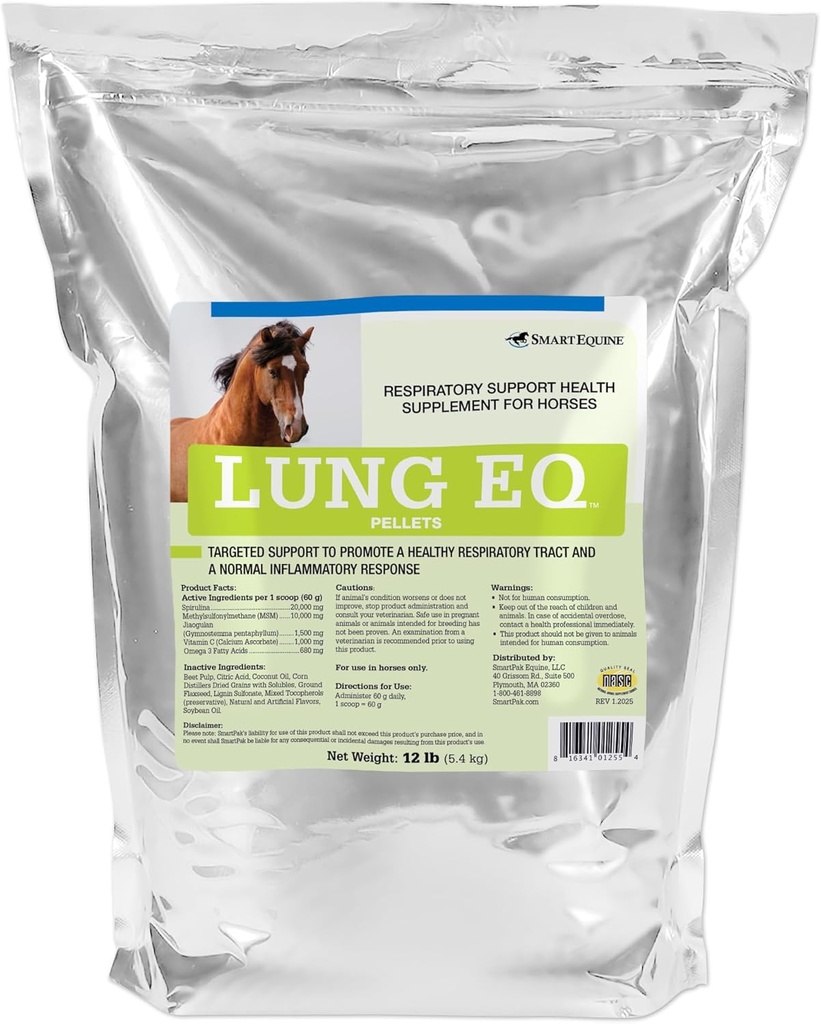 SmartEquine Lung EQ Pellets for Innovated Respiratory Support Silencio Horse Health ← Spirulina for Horses with Antioxidants, Herbs, Minerals ← Equine Pellet for Respiratory Support latitud 12 LB