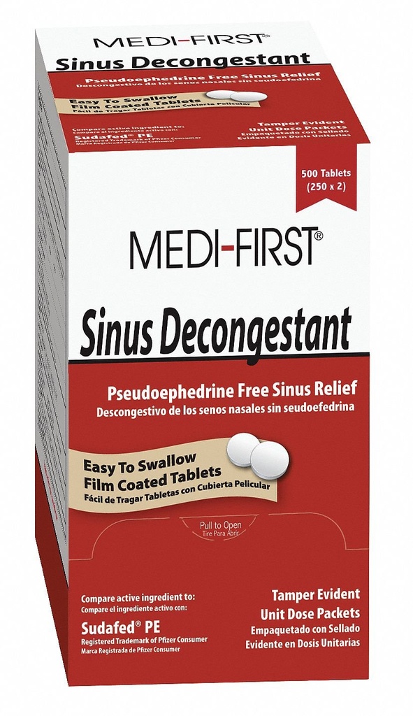 Productos Medique Medi-First 80933 Sinus Decongestant, 100-Packets de 1 (Paquete puede variar) , Rojo