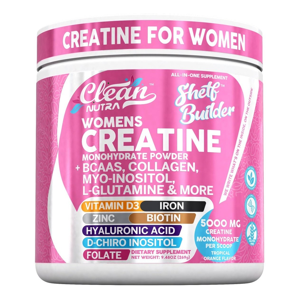 Creatina para Mujeres tóxicas Creatina Monohydrate + BCAA Powder Myo-Inositol Collagen Biotin Hialuronic Acid Folate L Glutamine Vitamina D3 Iron Zinc D-Chiro-Maca Digestion Shelf Builder By Clean Nutra