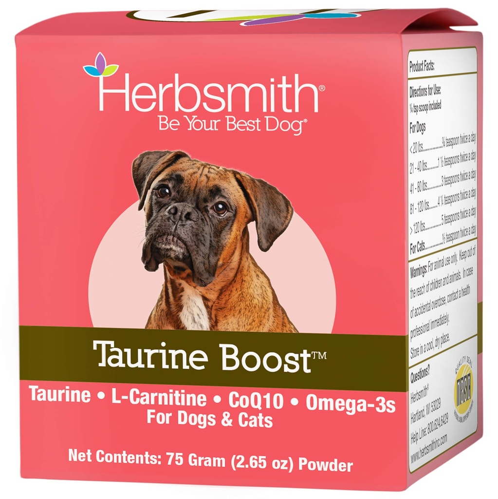 Herbsmith Taurine Boost - Soporte cardíaco y cardíaco para perros y gatos - Suplemento Taurino para la salud del corazón de perros y gatos - con CoQ10, Taurine y L-Carnitina para perros - 75g