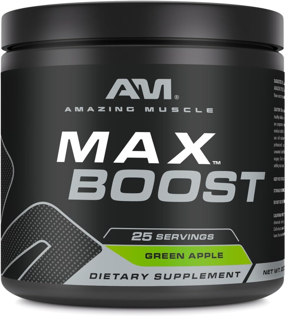 Increíble Muscle Max Boost ← 25 Servimientos ← Intenso Pre-Workout Suplemento para Hombres &amp; Mujeres TENIDO Contiene Cretina Monohydrate, Caffeine, Beta-Alanine, Betaine (25 Servimientos, Manzana Verde)