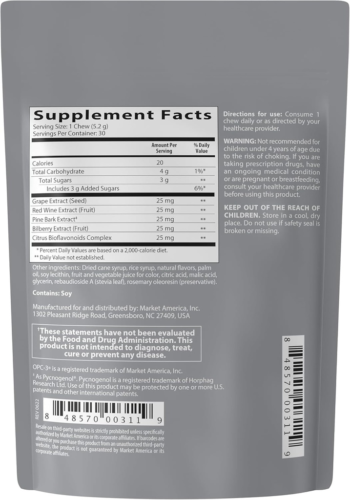 Isotonix Antioxidant Chews ANTERI Circulación, Visión & Skin Support TEN Grape Seed, Vino tinto, Pine Bark (Pycnogenol®), Bilberry & Citrus Bioflavonoids ← Chewable Antioxidante Suplemento - 30 Conde