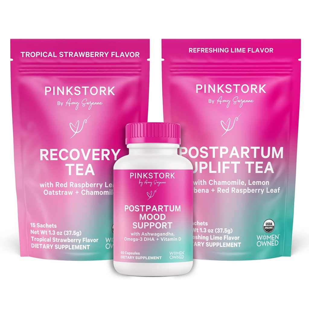 Pink Stork Postpartum Essentials Kit – Balance hormonal, recuperación " Mood Support for New Moms – Vitaminas posnatales Ashwagandha + Teas herbales para el alivio de estrés, energía, sueño – Gift Set – Vegan, Orgánico