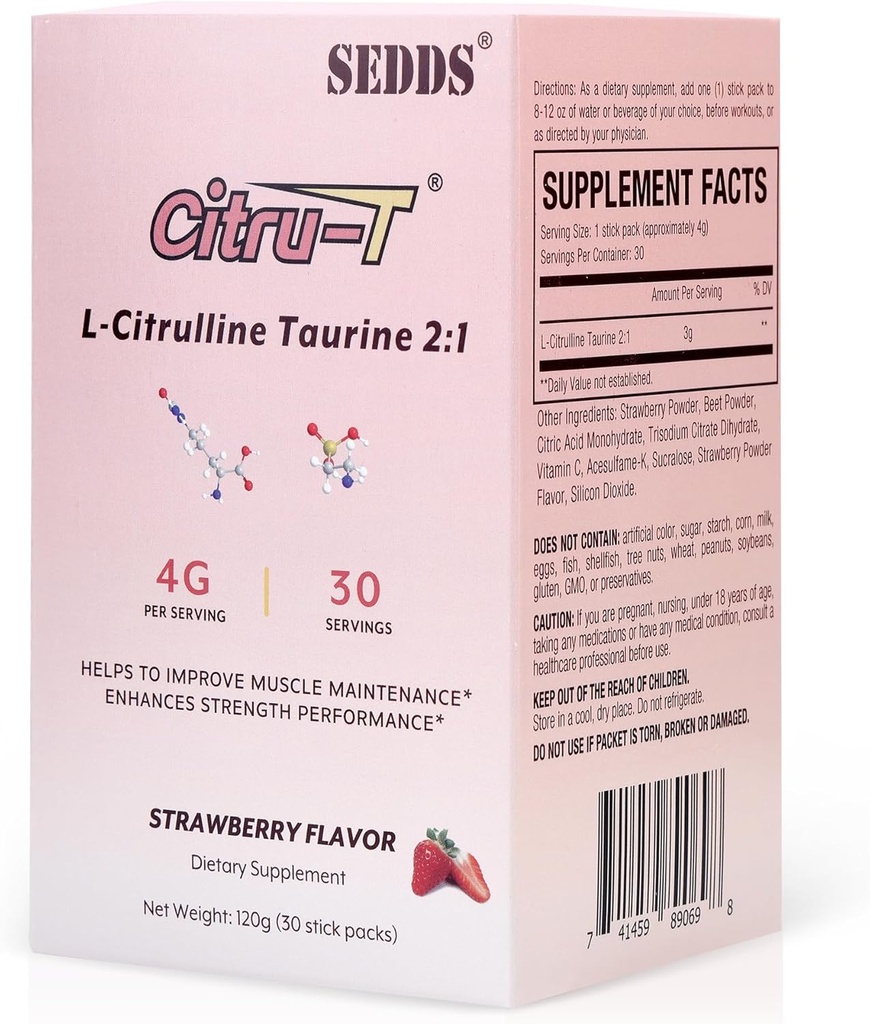L-Citrulline Taurine 2:1, Strawberry-Flavored L Citrulline Powder Suplementos Citrulline, Vegan Taurine Powder, Caffeine Free, Gluten Free, 30 Pack