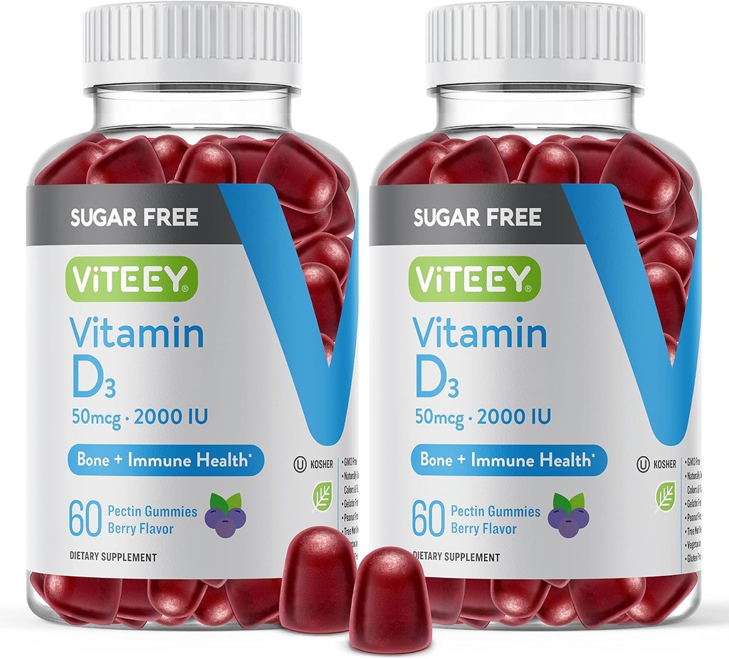 Viteey Vitamina D3 Gummies para Adultos &amp; Adolescentes - 2.000 UI, 50mcg - Sugar Gratis, Hueso, Conjunto &amp; Muscle Health, Immune Boost - Vegetarian, Gelatin Gratis, GMO Gratis - Tasty Chewable Berry Flavored Gummy