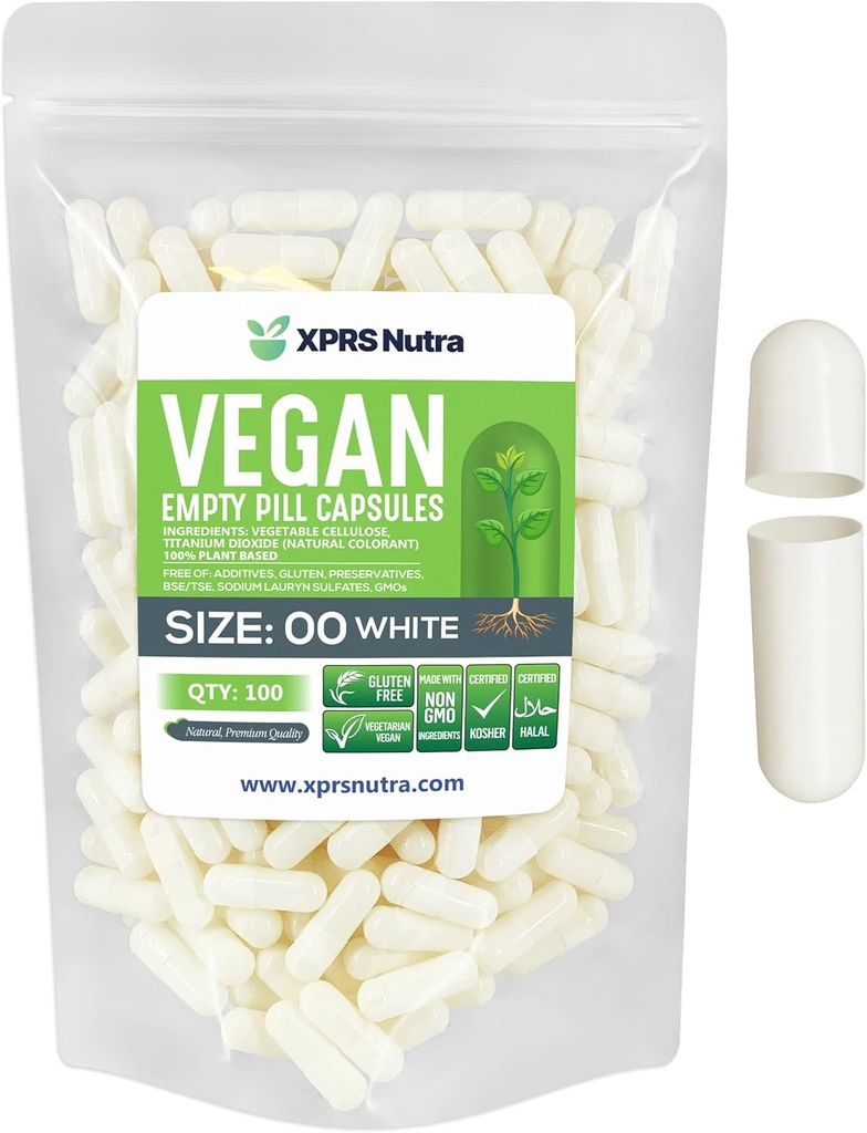 XPRS Tamaño Nutra 00 cápsulas vacías - 100 cápsulas vacías - Láminas vacías vegetarianas - DIY Vegetal Capsule Filling- Veggie Pill Caps (White)