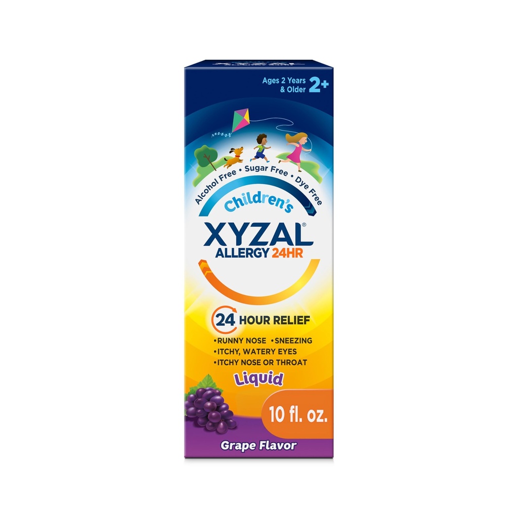 Xyzal Children's 24 Hour Alergy Relief Medicine for Kids, Levocetirizine Dihydrochloride Liquid Antihistamine, Grape, 10 Fl. oz.