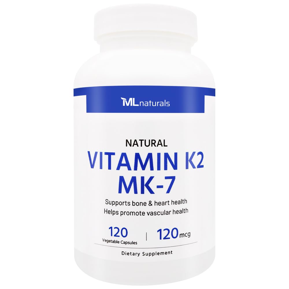 ML Naturals Vitamina Natural K2 MK-7 120 mcg 120 Vegetable Capsules. Natural MK-7/99% All-Trans MK-7. Admite Bone & Heart Health, ayuda a promover la salud vascular, NSF-Certified & cGMP-Compliant.