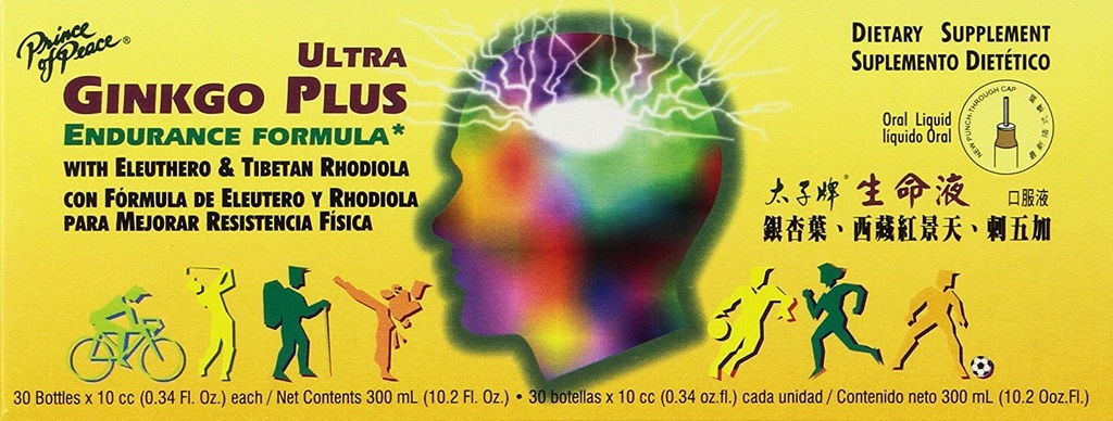 Prince of Peace Ultra Ginkgo Plus, 30 Botellas, 0.34 fl. oz. Cada – Suplemento de Boost de Cerebro – Soporte para Estilos de Vida Activos – Ginkgo Biloba para la Resistencia