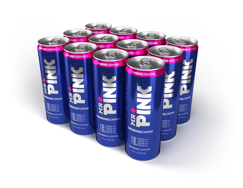 Mr. Pink Original Ginseng Drink - Natural Herbal Supplement for Energy and Focus, 12-Pack Liquid Boost, Rich in B-Vitamins