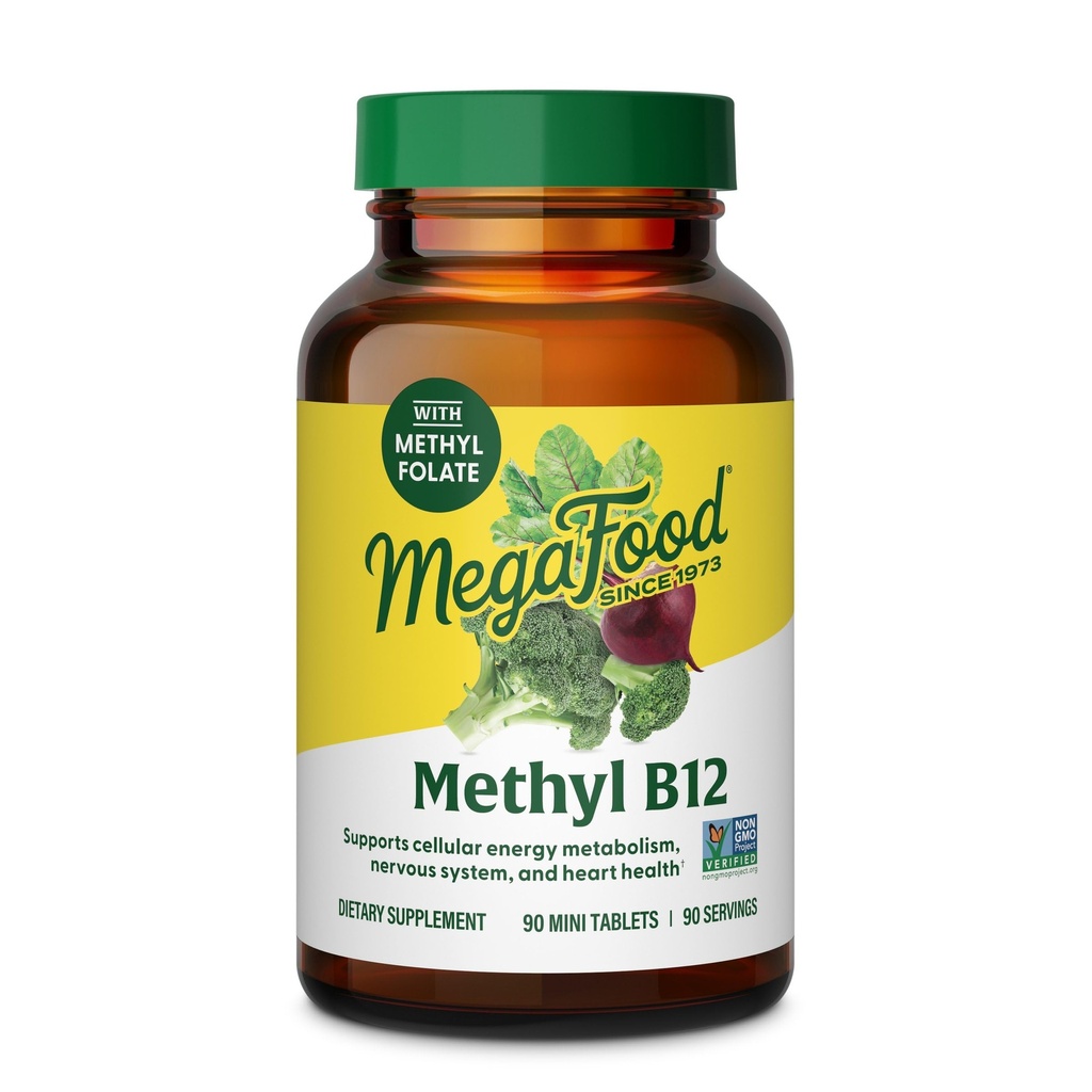 MegaFood Methyl B12 - Vegan - Incluye folato de metil, vitamina B12 &amp; B6 - Soportes Producción de energía celular, sistema nervioso Salud " Función cardiovascular - 90 Tabletas