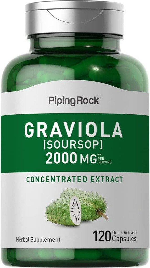 Piping Rock Graviola Soursop Capsules Silencio 2000 mg  vírgenes 120 Conde Silencio Leaf Suplemento Silencio Concentrado Herbal Fruit Extract Silencio No GMO, Gluten Free