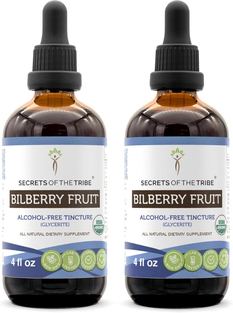 Secrets of the Tribe Bilberry Fruit USDA Orgánica ← Extract libre de alcohol, gotas herbales de alta potencia, Visión ← Hecho de 100% Certified Organic Bilberry (Vaccinium Myrtillus) Fruta seca 2x4 oz