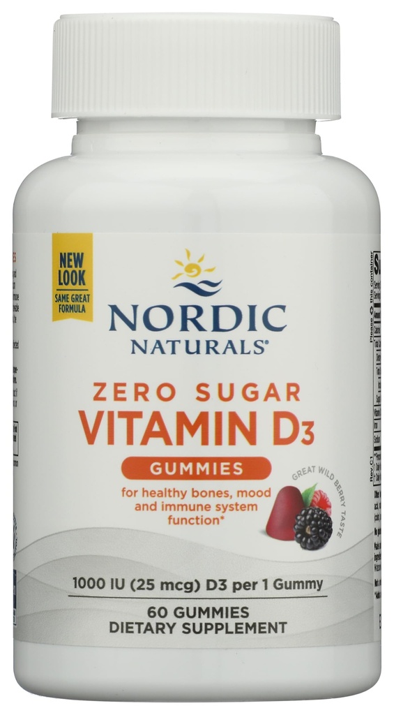 Naturales nórdicos Cero Sugar Vitamina D3 Gummies, Berry salvaje - 60 Gummies - 1000 UI Vitamina D3 - Gran sabor - Huesos saludables, Mood &amp; Immune System Función - No GMO - 60 Servimientos