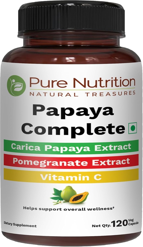Nutrición pura Papaya Completa tención 120 Caps  Carica Papaya Leaf Extract with Iron, VIT C, VIT A " Folic Acid ← Apoya la inmunidad plaquetadora " Digestión No Gluten-Free